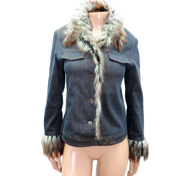 Y2K Jex Collection Denim Jacket Faux Fur Trim M-L - Picture 2 of 9